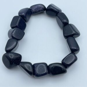 Beautiful Blue Goldstone Stretch Bracelet Tumbled Nugget Beads Sparkling Black
